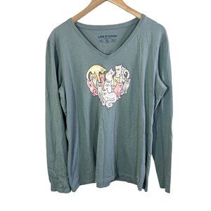 Life Is Good Womens Cat Graphic XL Long Sleeve V-Neck TShirt Top